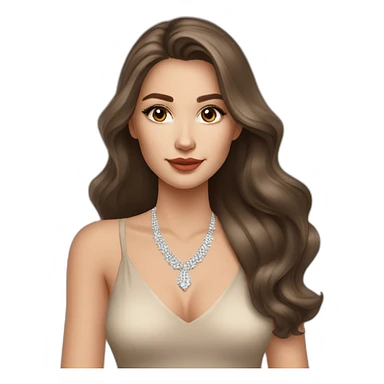 beautiful brunette russian girl with smooth skin long hair beige lipstick wearing low neck dress with a diamond necklace sticker