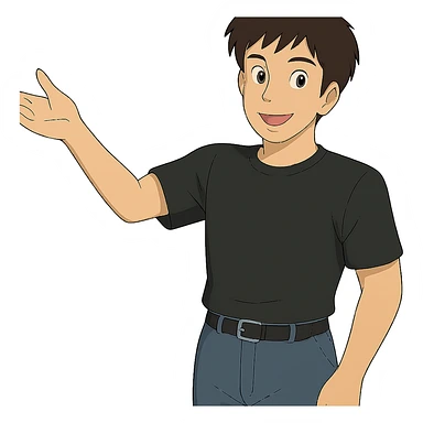 Create a Ghibli style man in the same outfit and appearance as the reference image, gesturing with one arm as if welcoming someone, with a friendly expression. Show the full head visible. Background should be transparent. sticker