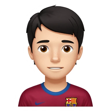 Un chico con pelo liso, desordenado y negro, tiene pecas, brackets, ojos cafés oscuros y con una camisa del Barcelona  sticker