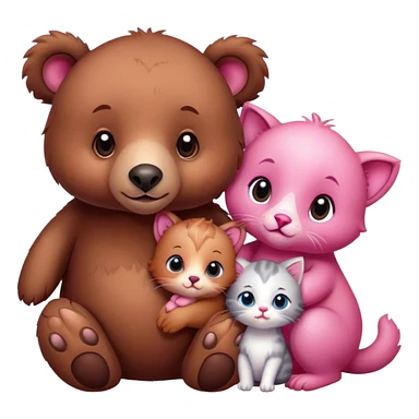 A cute realistic brown bear and a realistic cute pink dodo closely together. Between them there is a cute brown kitten sticker