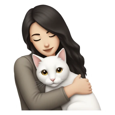 white girl with dark hair hugging a white cat sticker