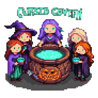 witches gathered around a glowing cauldron, eerie atmosphere, pixel art style, with the text 'Cursed Coven' sticker