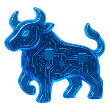 digital bull logo with blue LED glow, modern tech look, digital circuit style sticker