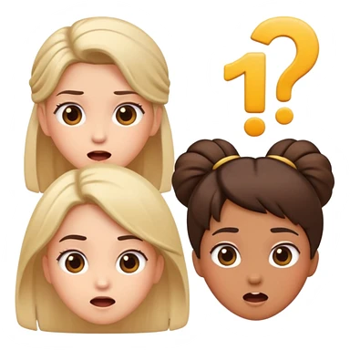 Surprised expression with exclamation mark, then three girl emojis in different hairstyles sticker