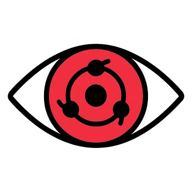 sharingan eye, simplified, flat colors, clean lines, red iris, black tomoe, modern icon sticker