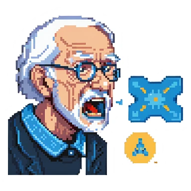 old man yelling at an abstract Azure Machine Learning logo sticker