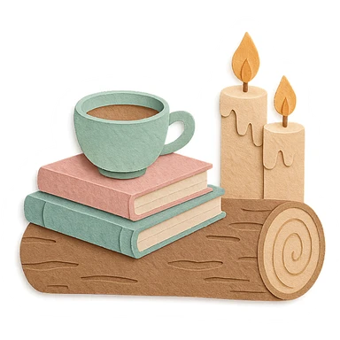 a log with tea, books, and candles, soft forest journaling mood, soft pastel colors, paper-craft style sticker