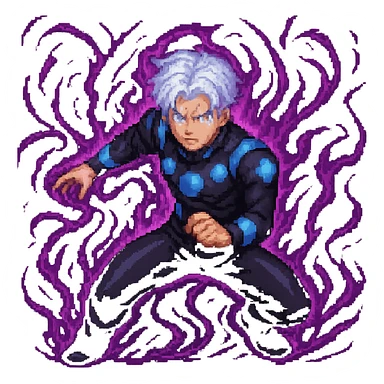 Enhance Gojo Satoru with dramatic purple energy effects in pixel art style, keeping the transparent background. The energy should be intense and dynamic, adding a powerful aura of purple energy around the character. sticker