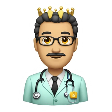 Bald tan male doctor with a crown and black beard and a crown sticker