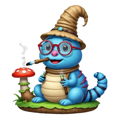 blue caterpillar with round glasses smoking a hooka pipe on top of a mushroom sticker
