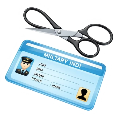 Floating black Scissors cutting a light blue military ID card in 2 parts .hyper realistic sticker