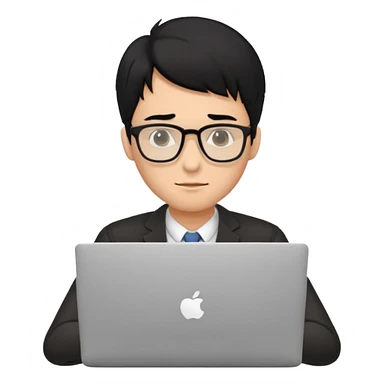 a fair man with black hair working on laptop , front view sticker
