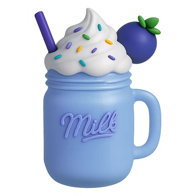 Change the image to a blueberry milkshake theme using cool blue and purple tones. Keep the mason jar, whipped cream, rainbow sprinkles, and blueberry on top. Remove the background. sticker