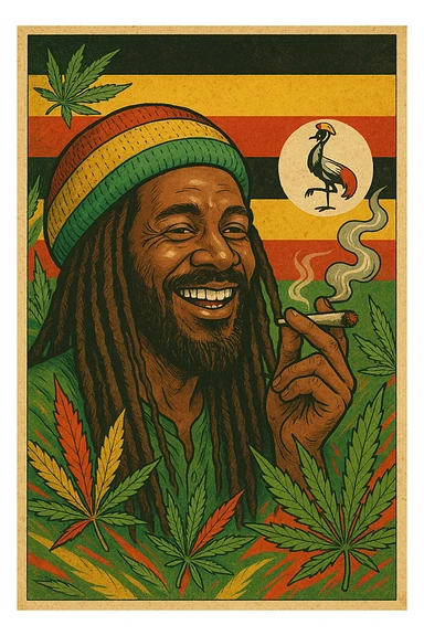“A digital vintage-style poster illustration of a smiling Ugandan Rasta man with long dreadlocks, wearing a red, yellow, green striped tam hat. He is smoking a herbal spliff. The background features the authentic Uganda flag with accurate black, yellow, and red horizontal stripes, and includes the official grey crowned crane emblem on the right side. Surround the scene with stylized cannabis leaves and Rasta colors to enhance the reggae vibe. Use a warm, textured retro color palette and artistic shading to give it a nostalgic roots feel. The mood should be positive, vibrant, and soulful — honoring Ugandan culture and Rasta lifestyle.” sticker