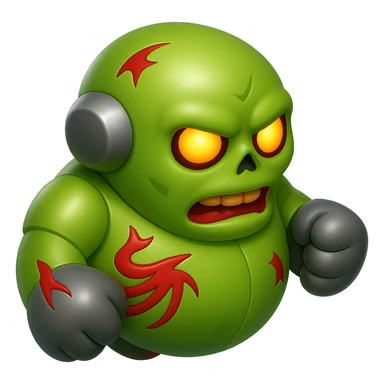 Create a top-down view of the left side of a fat zombie robot terminator character in the style of Apple emojis with a glossy, smooth finish and no background. The style should be shiny and polished like Apple emojis but with no background. sticker