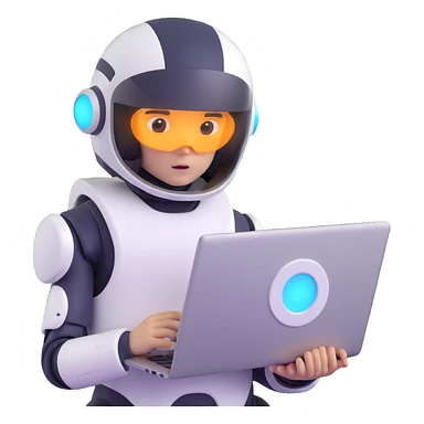 futuristic tech boy with robot helmet, glowing white circle, high-tech laptop, neon cyberpunk room, holographic displays, focused, mysterious sticker