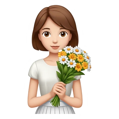 girl with brown hair wearing a white skirt holding a bouquet of flowers sticker