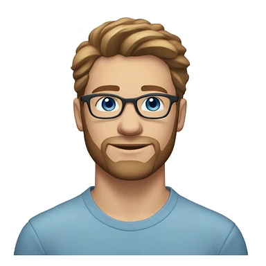 A head and shoulders shot of a 26 year old Caucasian man, with short brown hair, with beard facial hair,  wearing glasses with blue eyes wearing a t-shirt. sticker