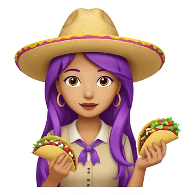woman holding taco with purple long hair and hat on head  sticker