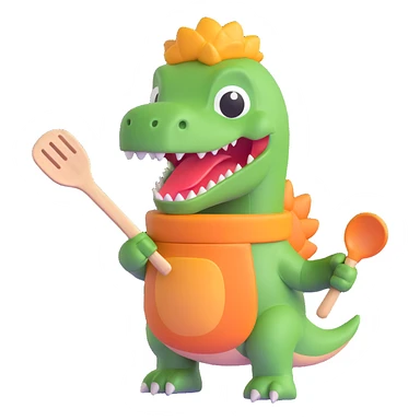 dinosaur with a spatula and oven mitts, ready to cook, 3d emoji style sticker