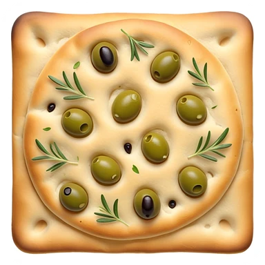 cinematic-realistic-focaccia-bread-dish-emoji,-depicted-as-a-golden,-olive-oil-brushed-flatbread-sprinkled-with-herbs-rendered-with-lifelike-texture-and-soft,-appetizing-lighting showing olives on top  sticker