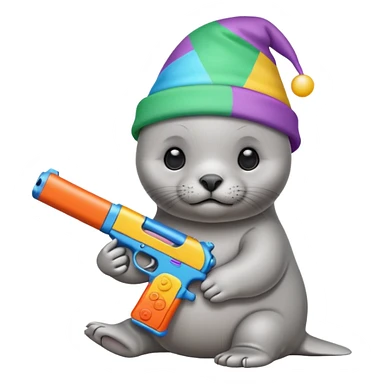 Baby seal wearing birthday hat holding a gun sticker