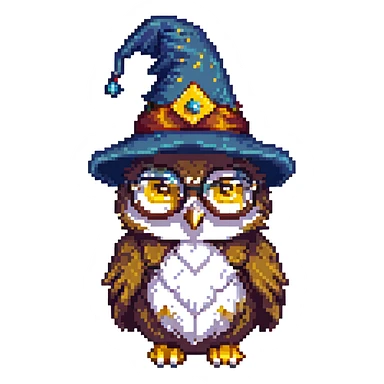 owl with a purple wizard hat and glasses pixel art sticker