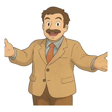 man gesturing in a welcoming pose in ghibli style sticker