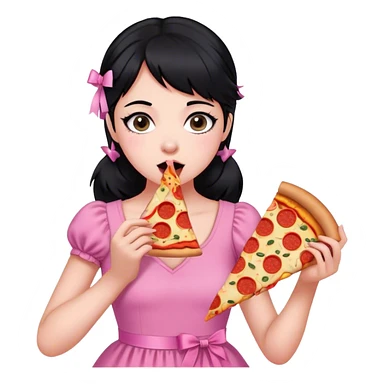 girl with black hair wearing pink and ribbons eating pizza sticker