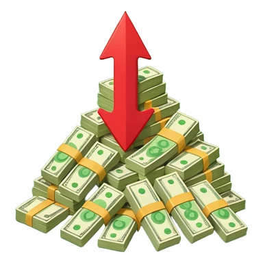 a pile of money with red arrow up sticker