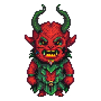 pixel art depiction of شیطان (Satan), classic devil with horns, red skin, mischievous expression sticker