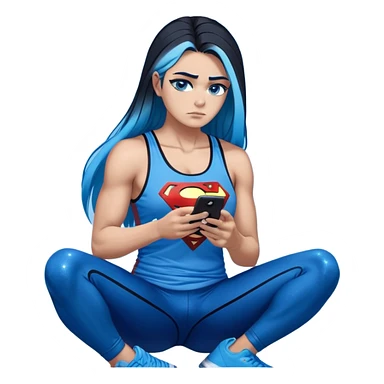 Shameful disappointed crying-very very very very big chest-texting on a samsung cell phone-very long straight flowing black to sky blue hair ombre-blue eyes-black eyeliner-long eyelashes-plastic sparkling sky blue very low cut tank top with sparkling superman logo-black leggings-nike sneakers sticker