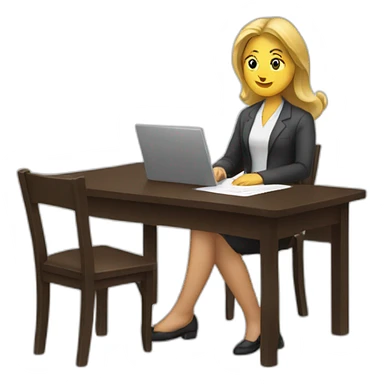White woman sitting on chair near table with document on hand sticker