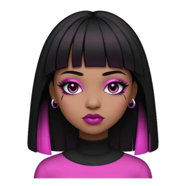 brown skin, straight hair with the ends curved upwards, bangs above the eyebrow, dark brown eyes, girl, half gothic and pink style   sticker