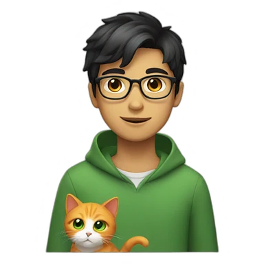 Boy with green eyes, glasses, with black short hair, with Persian orange cat sticker
