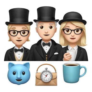 6 icons in a 2×3 grid, soft 3D emoji style, pastel colors, equal spacing, white background:
1) speech bubble
2) theatre masks
3) dynamic stopwatch
4) house + coffee + shopping bag
5) English gentleman
6) female support agent with headset
 sticker