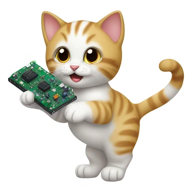 happy kitten playing with a circuit board sticker
