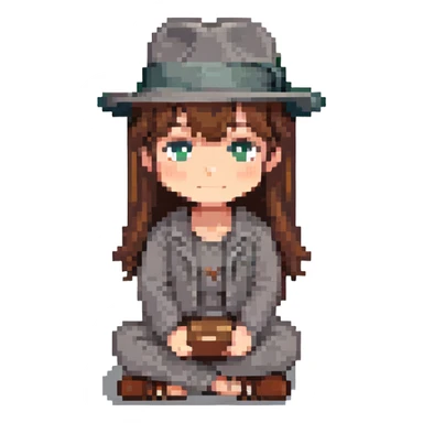 pixel art, girl with brown hair, grey fedora, sitting pose sticker