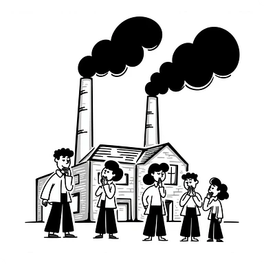 A factory with chimneys pumping out smoke and pollution with people coughing and choking sticker