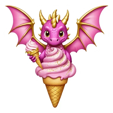 A dragon with its shiny glittered wings in pink tones and pink and gold legs, eats vanilla and chocolate ice cream sticker