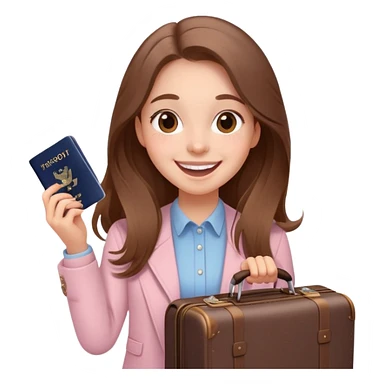 Excited smiling sweetly Girl with long brown hair with a suitcase, ready for travel, passport in hand and many butterflies around pale pink  sticker