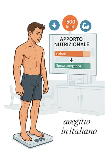 a man stands on a digital scale, looking at a nutrition chart that shows his daily calorie intake is lower than his energy expenditure. Floating icons above his head display a negative calorie balance, and his body appears slightly leaner, with visible muscle definition. The background is a modern clinic, emphasizing the concept of caloric deficit. scritto in italiano sticker