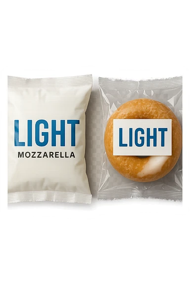 PACCHTTO DI MOZZARELLA LIGHT CON LA SCRITTA "LIGHT" SULLA CONFEZIONE, ACCANTO AD UN DONUT CONFEZIONATO CON LA SCRITTA "LIGHT" SULL'ETICHETTA,  iperrealistico 4k sticker