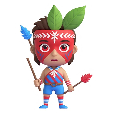 savage boy emoji with fierce expression, face painted in red white and blue stripes, tribal look with leaf covering, holding a sharp stick, inspired by Roger from LOTF sticker