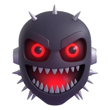 Make this scary robotic 3D emoji even scarier by adding jagged metallic fangs, red glowing eyes, and a sinister grin. Remove the background. sticker