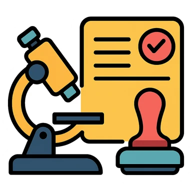 icon for diagnostic lab approval workflow, combining a microscope, approval stamp, and document, businesslike and easy to understand sticker