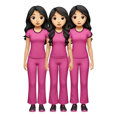 3 olive skin tone best friends. First one wearing pink gym attire modest with long black hair wavy. Second one wearing a pink fitted long maxi dress with curves long black hair and the last one wearing pink casual clothes with brown mid length hair sticker