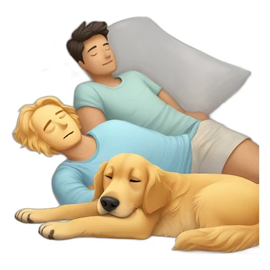 Golden retriever and man sleep on bed sticker