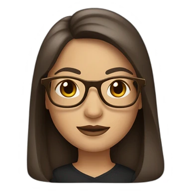A classic Apple Memoji of a woman with long dark brown hair, brown eyes and golden frame glasses sticker