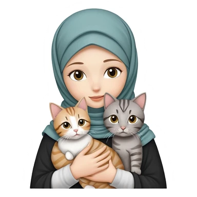 White girl wearing pretty hijab holding a black grey tabby cat while standing sticker